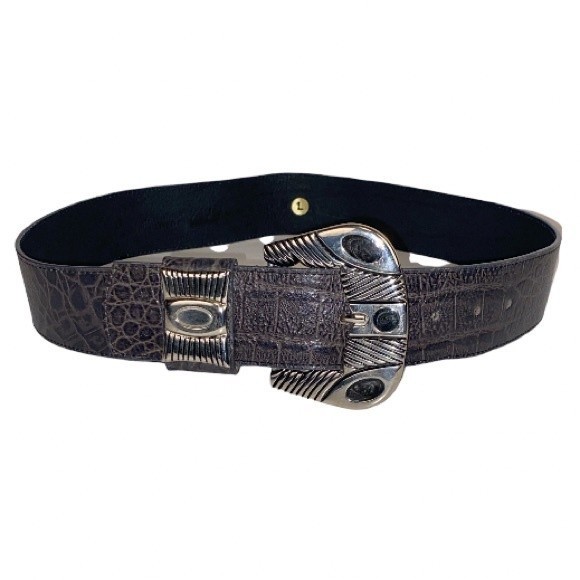 90s MZ New York Western Belt Top Grain Leather Brown lined Silver Buckle size L main image 6
